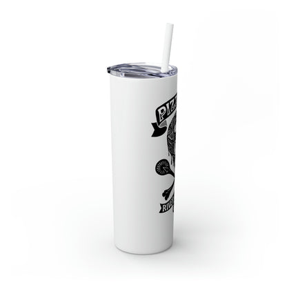White 20oz stainless steel skinny tumbler with a Pizza 'Til I Die skull graphic, clear lid, and matching straw.
