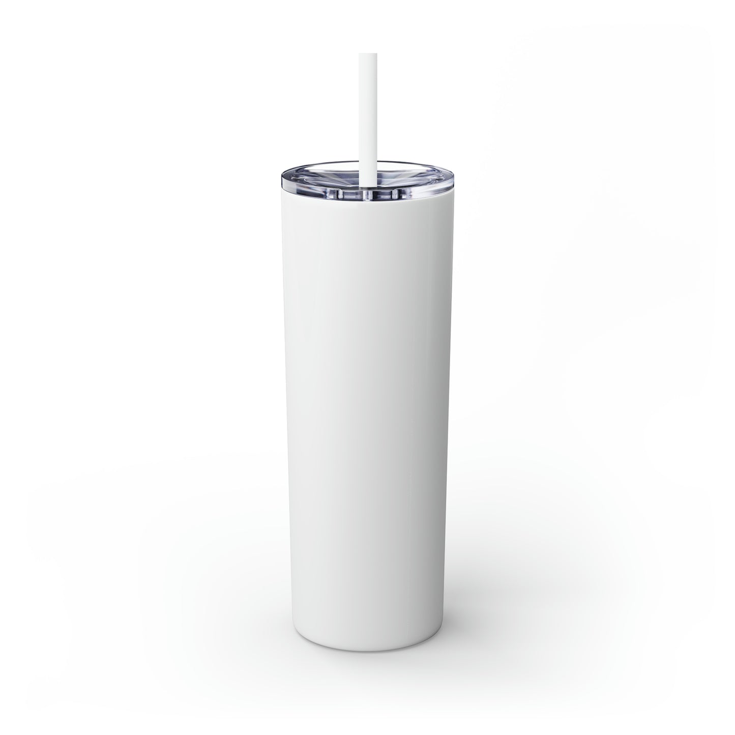 White 20oz stainless steel skinny tumbler with a clear plastic lid and matching straw on a white background.