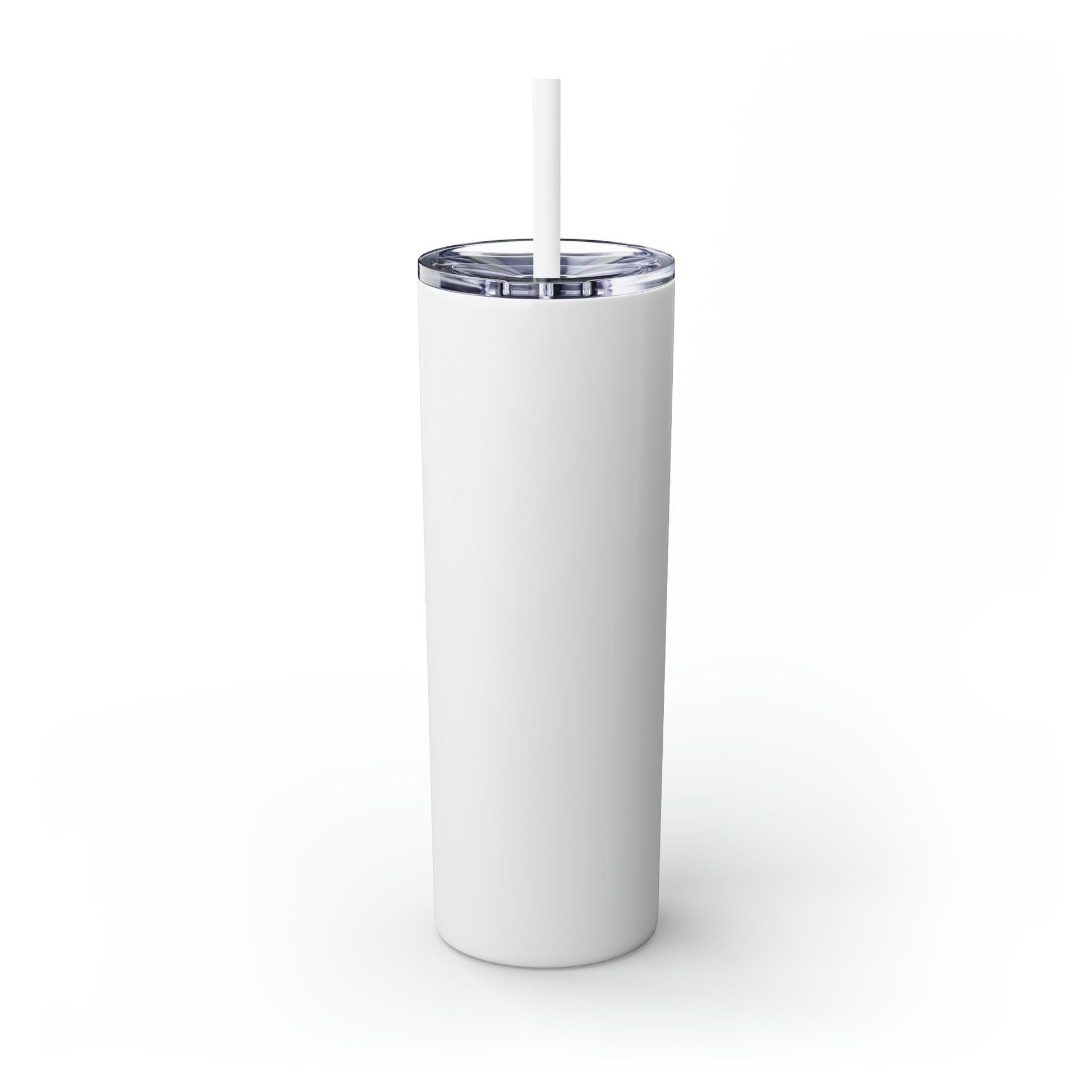 White 20oz stainless steel skinny tumbler with a clear plastic lid and matching straw on a white background.