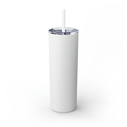 White 20oz stainless steel skinny tumbler with a clear plastic lid and matching straw on a white background.