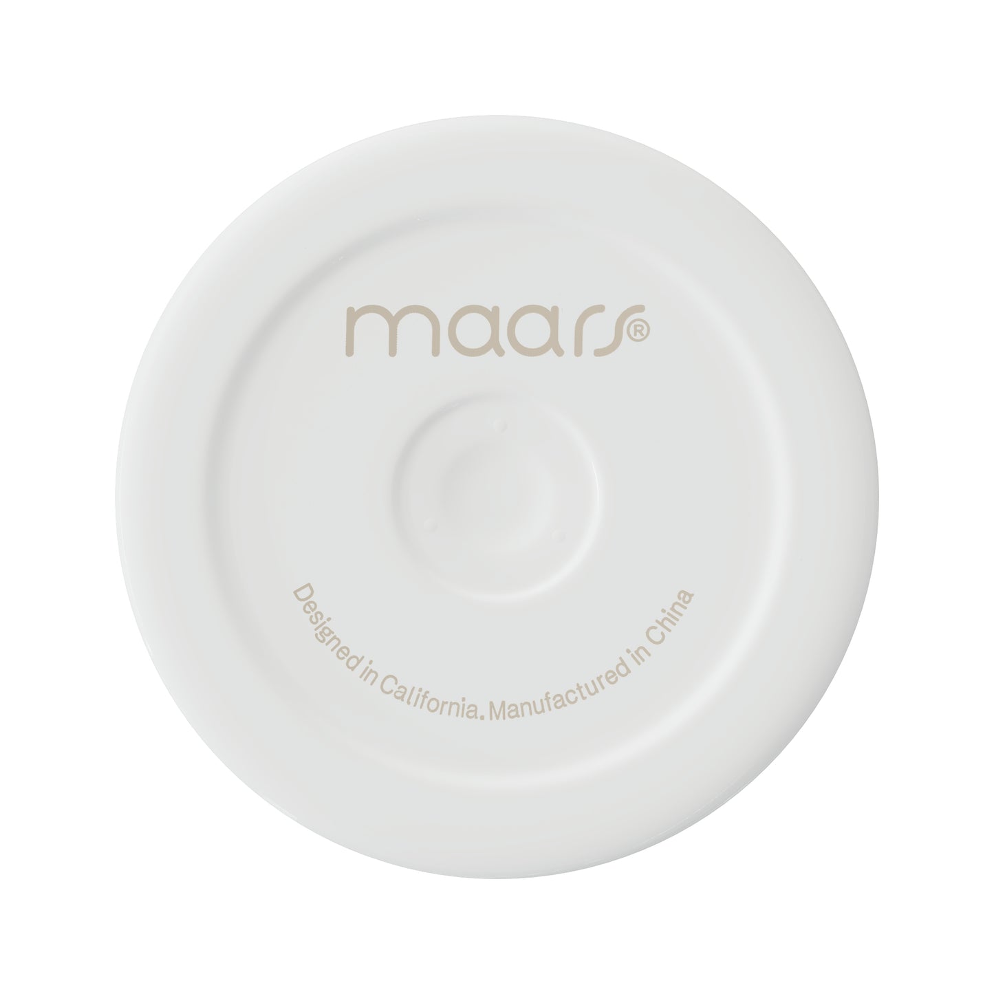 White plastic press-on lid for a 20oz skinny tumbler featuring the Maars brand logo and manufacturing details.