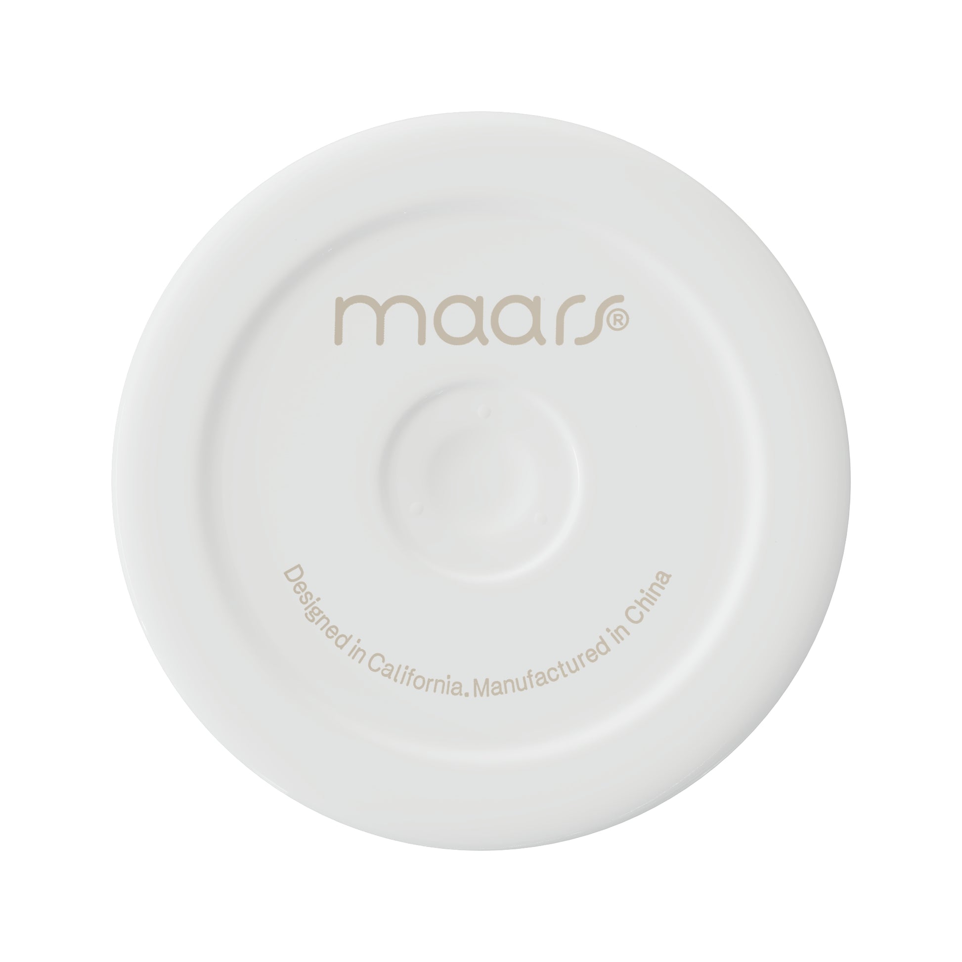 White plastic press-on lid for a 20oz skinny tumbler featuring the Maars brand logo and manufacturing details.