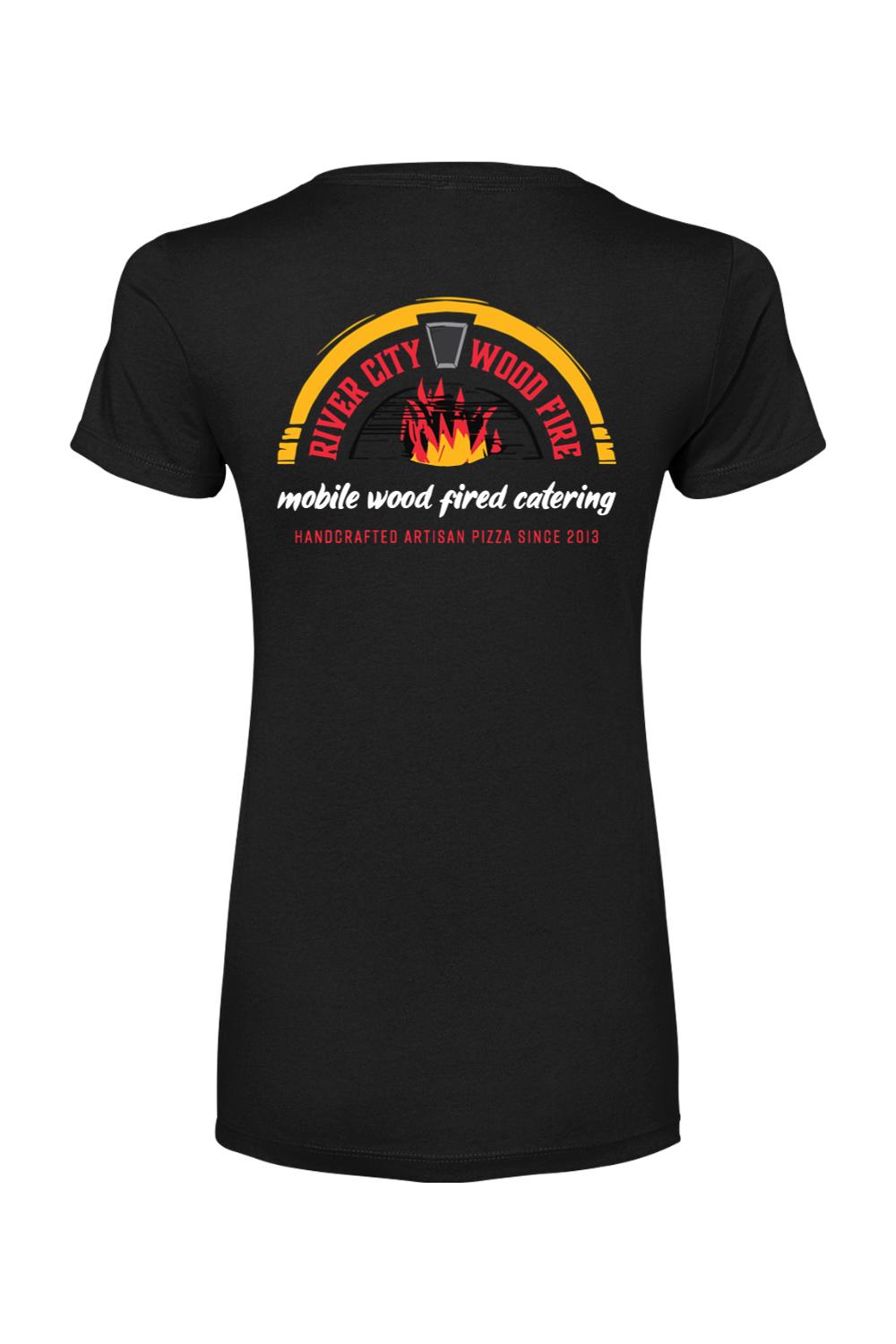 Black River City women's cotton-blend t-shirt featuring a colorful wood-fired pizza catering logo on the back.
