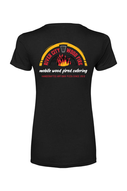 Black River City women's cotton-blend t-shirt featuring a colorful wood-fired pizza catering logo on the back.