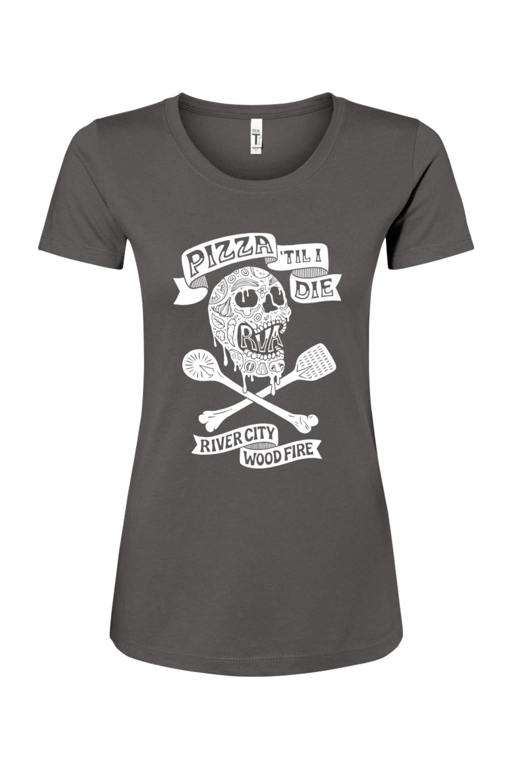Charcoal grey women's cotton-blend t-shirt featuring a white Pizza 'Til I Die skull and spatula graphic.