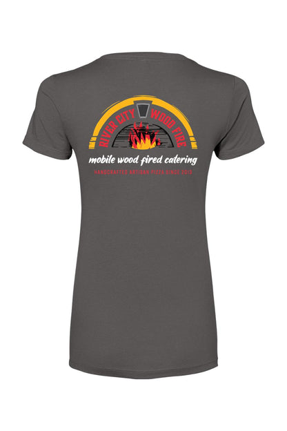 Charcoal grey women's cotton-blend t-shirt featuring a River City Wood Fire pizza catering logo on the back.