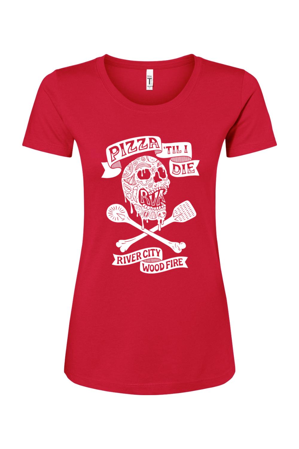 Red women's cotton-blend t-shirt featuring a white Pizza 'Til I Die skull graphic with crossed cooking utensils.