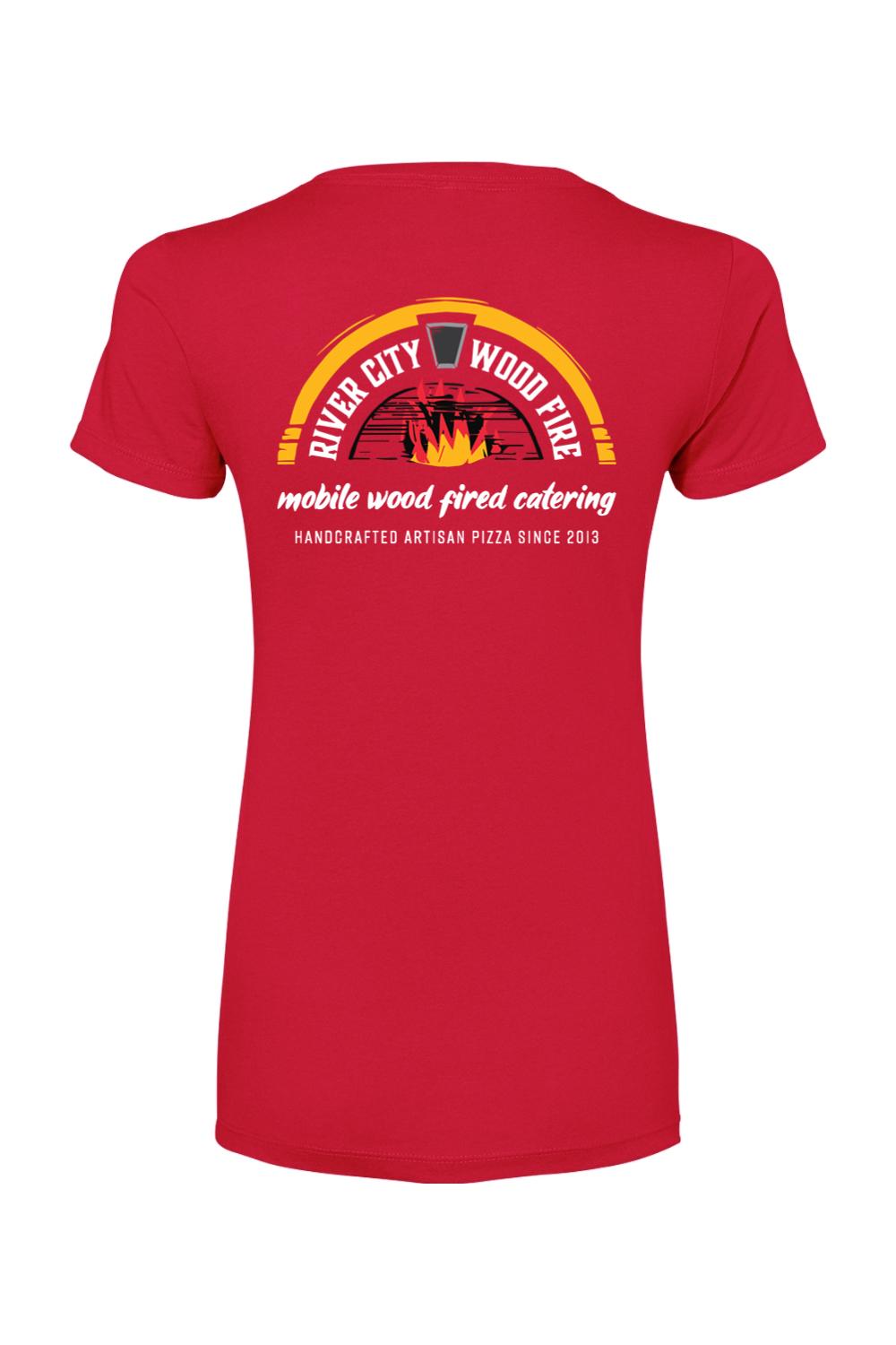Red women's cotton-blend t-shirt featuring a River City Wood Fire pizza logo graphic on the back.
