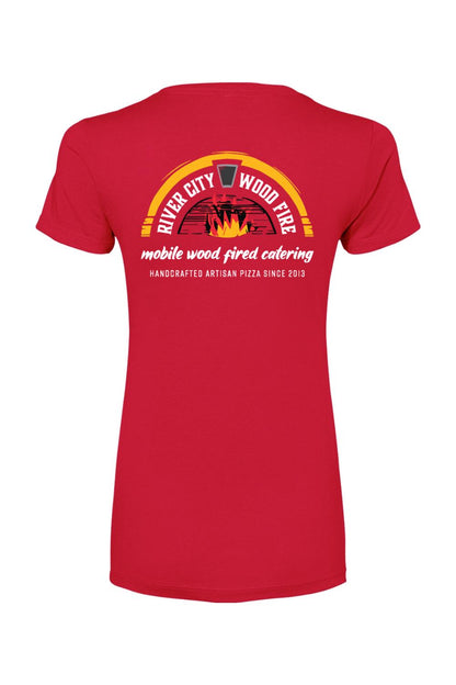 Red women's cotton-blend t-shirt featuring a River City Wood Fire pizza logo graphic on the back.
