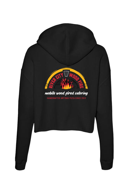 Black cropped cotton hoodie featuring a River City Wood Fire pizza catering logo on the back.