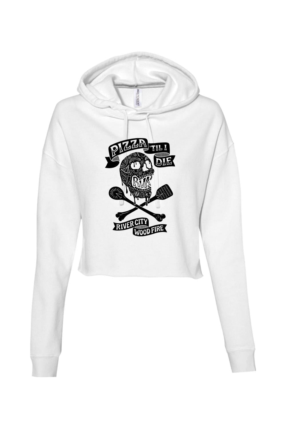 White cropped hooded sweatshirt with a black Pizza 'Til I Die skull and pizza peel graphic on the front.