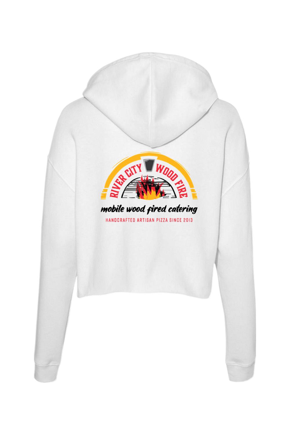 White cotton cropped hooded sweatshirt featuring a River City Wood Fire pizza logo on the back.