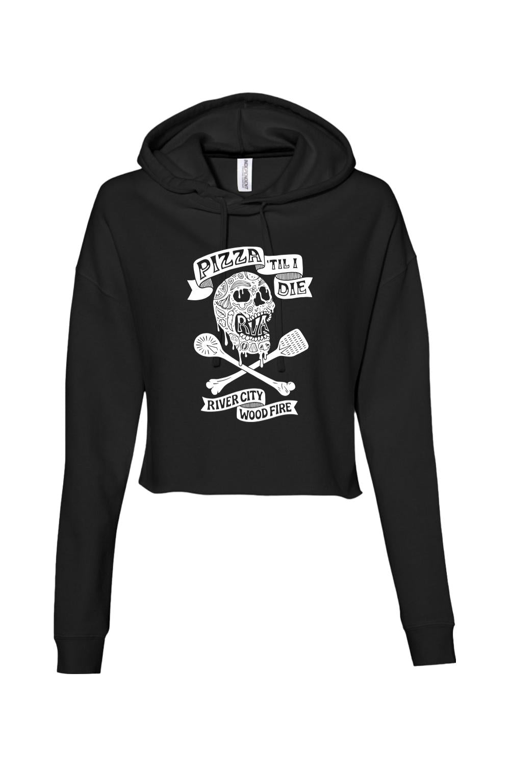 Black cropped cotton hoodie featuring a white Pizza 'Til I Die skull graphic with crossed pizza peels.
