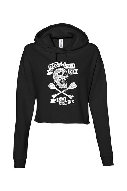 Black cropped cotton hoodie featuring a white Pizza 'Til I Die skull graphic with crossed pizza peels.