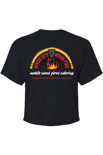 Black flowy cropped tee featuring a River City Wood Fire logo with flames and artisan pizza text on the back.