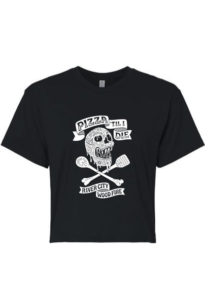 Black flowy cropped tee featuring a white skull graphic with pizza slices and the text Pizza 'Til I Die.