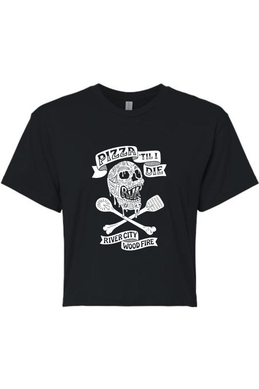 Black flowy cropped tee featuring a white skull graphic with pizza slices and the text Pizza 'Til I Die.