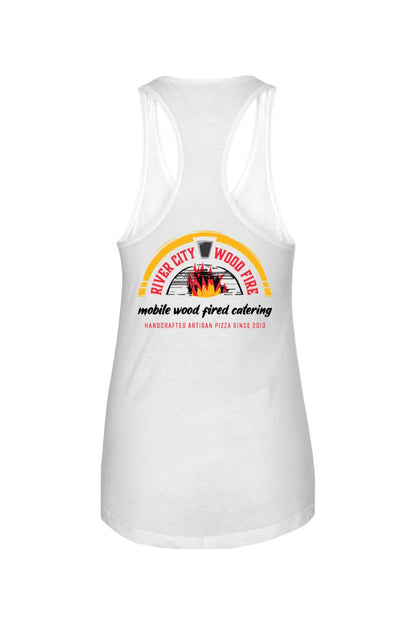 White women's racerback tank top featuring a River City Wood Fire mobile catering logo on the back.