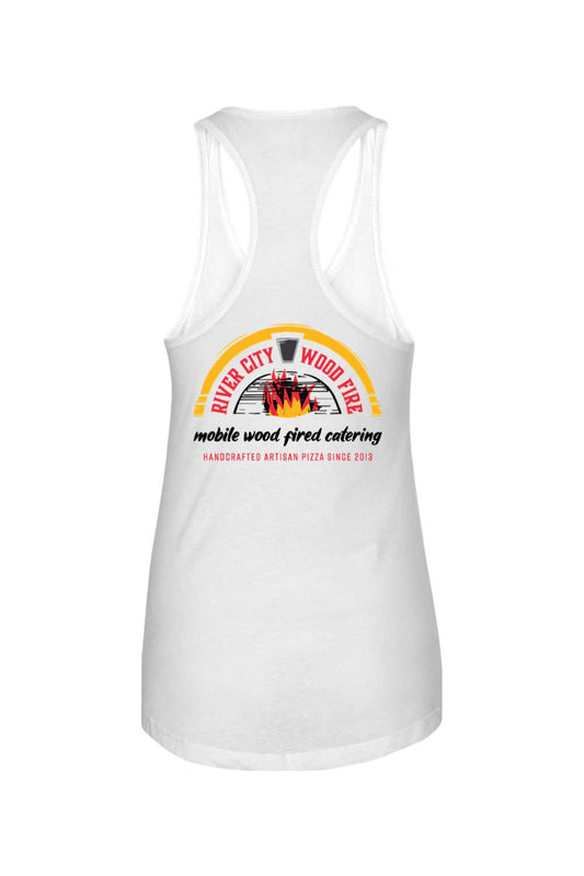 White women's racerback tank top featuring a River City Wood Fire mobile catering logo on the back.