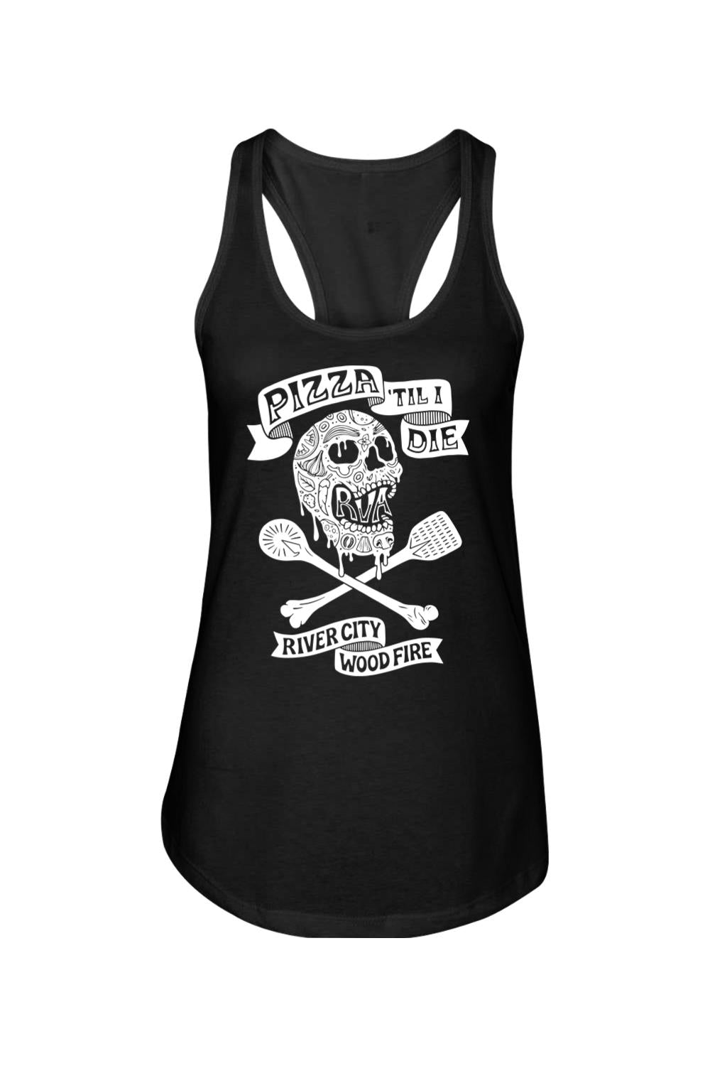 Black women's racerback tank top featuring a white skull and cross-spatula Pizza 'Til I Die graphic print.