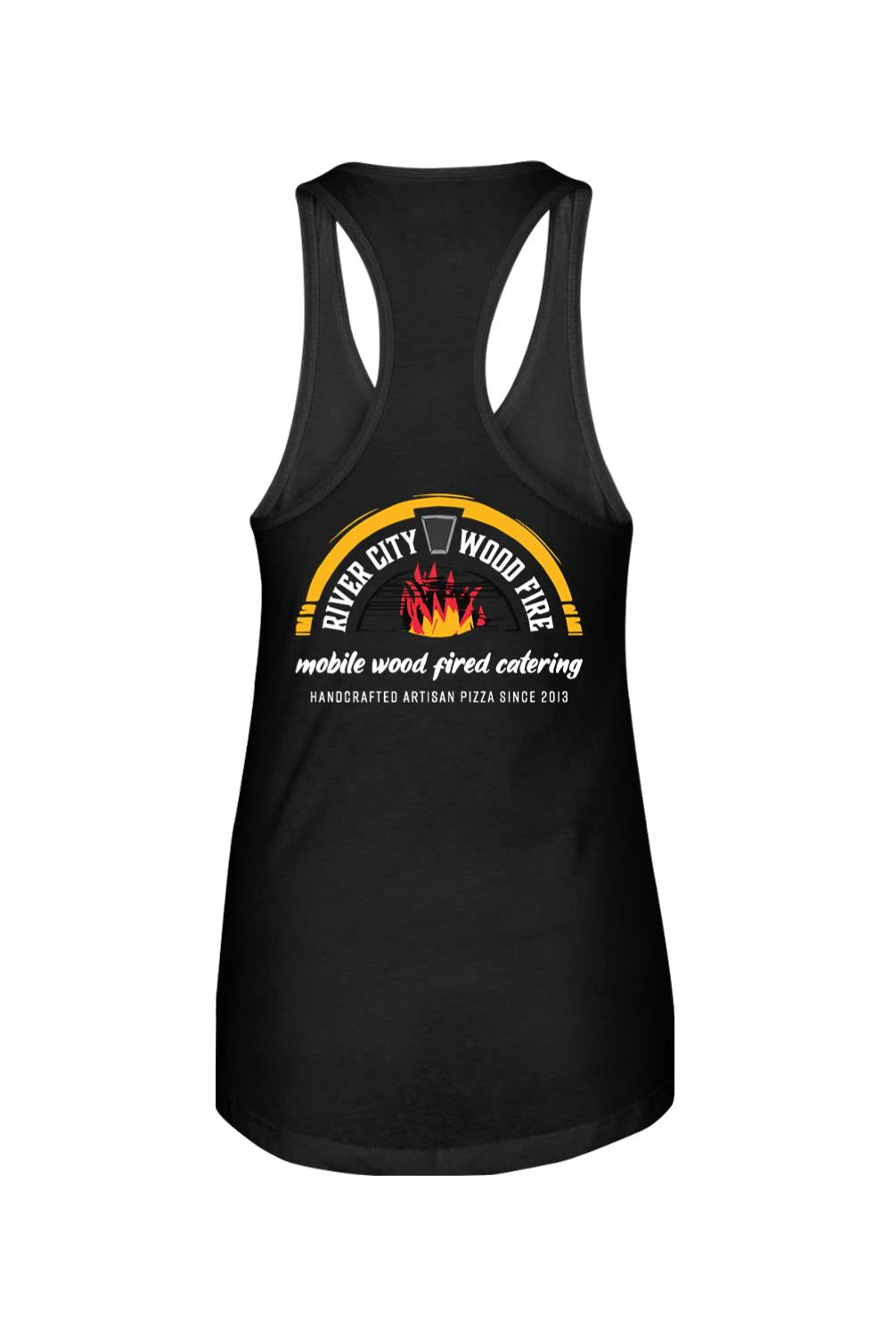 Black cotton women's racerback tank top featuring a River City Wood Fire mobile catering logo on the back.
