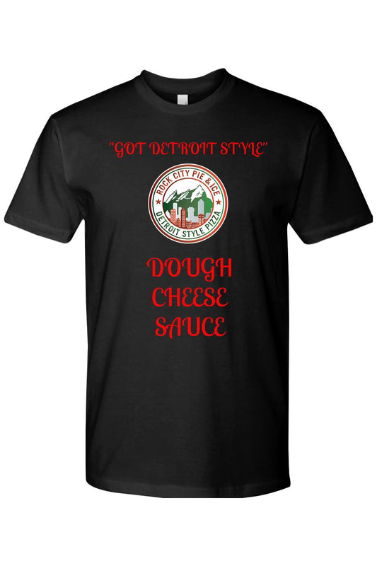Black cotton crew neck t-shirt featuring a red Got Detroit Style graphic and Rock City Pie & Ice logo.