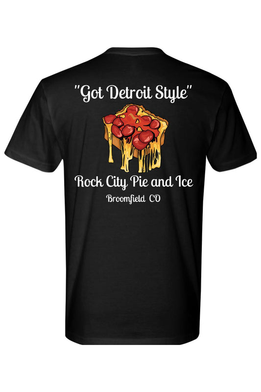 Black cotton crew neck tee featuring a Detroit-style pizza graphic with the text Got Detroit Style and Rock City Pie.