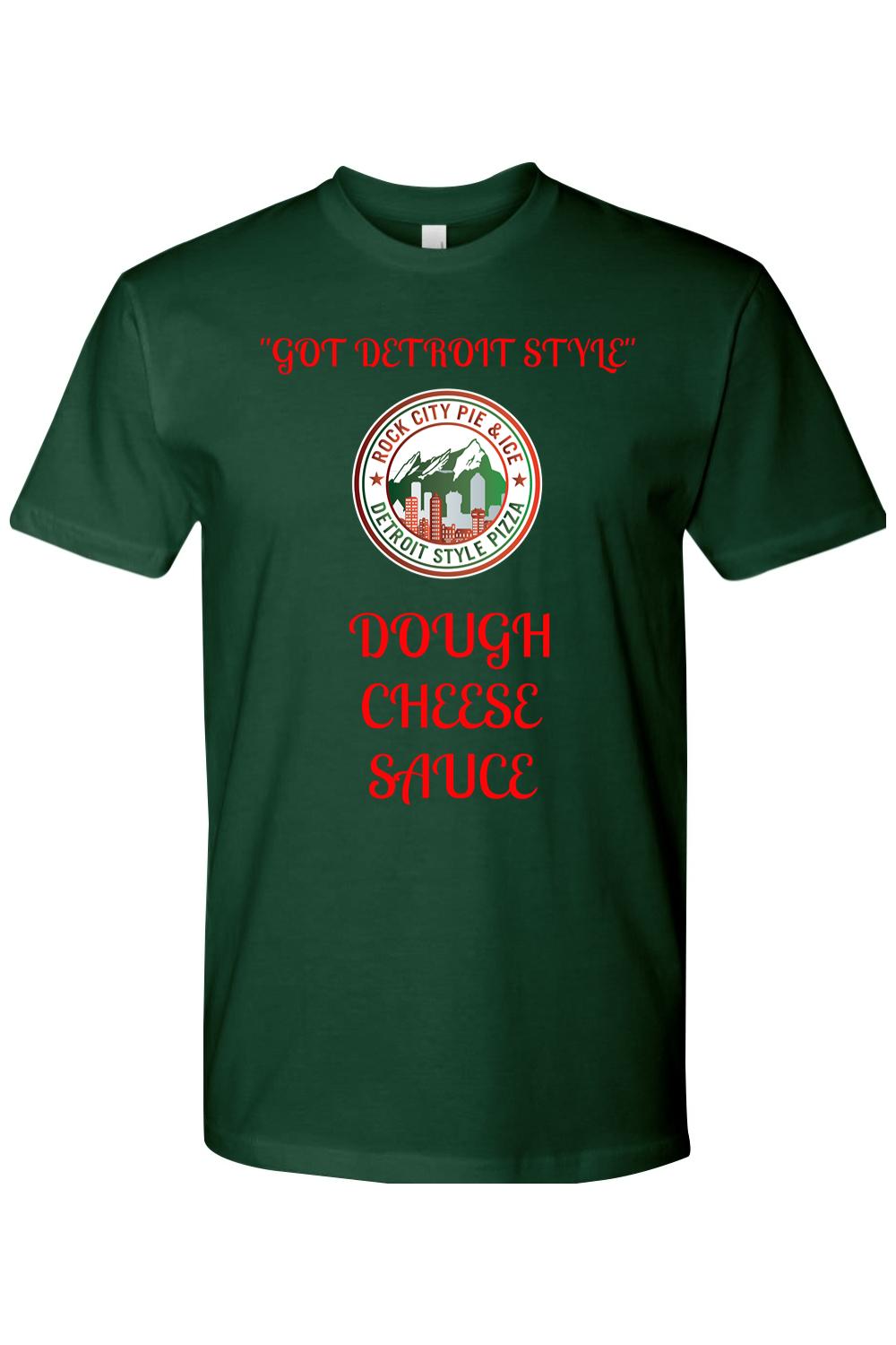 Dark green cotton crew neck t-shirt featuring a Rock City Pie & Ice Detroit Style pizza graphic in red text.