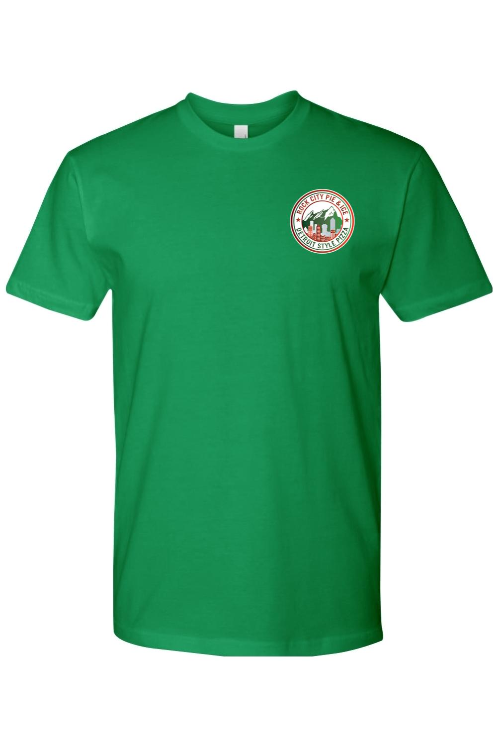 Green crew neck cotton t-shirt featuring a circular Rock City Pie & Ice Detroit Style Pizza logo on the chest.