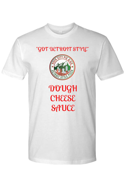 White cotton crew neck t-shirt featuring a red Rock City Pie & Ice logo and Detroit style pizza text.