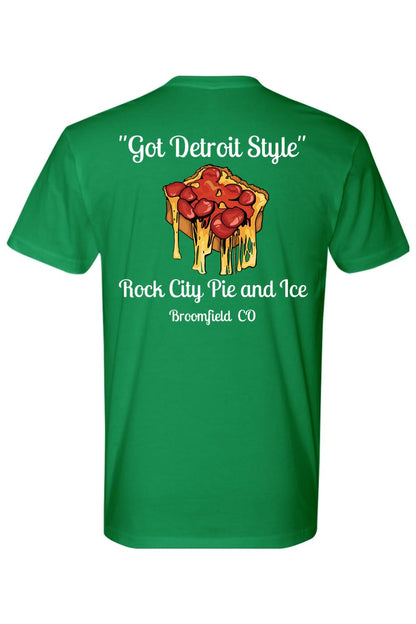 Green cotton crew neck t-shirt featuring a Detroit-style pizza graphic and Rock City Pie and Ice text on the back.