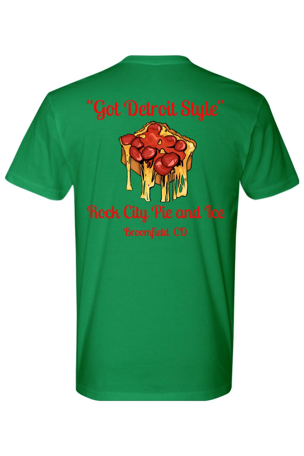 Green cotton crew neck tee featuring a Detroit-style pizza graphic with red text on the back.