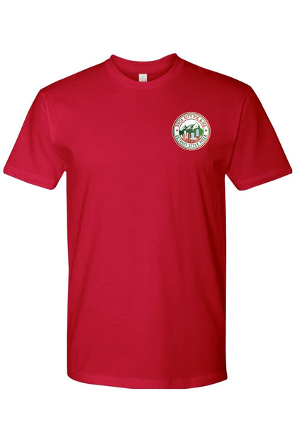 Red crew neck t-shirt in soft cotton featuring a Rock City Pie & Ice Detroit Style Pizza logo on the chest.