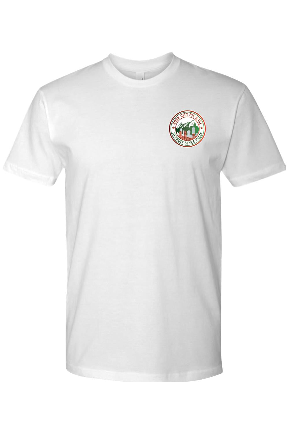 White cotton crew neck t-shirt featuring a circular Rock City Pie & Ice Detroit Style Pizza logo on the chest.