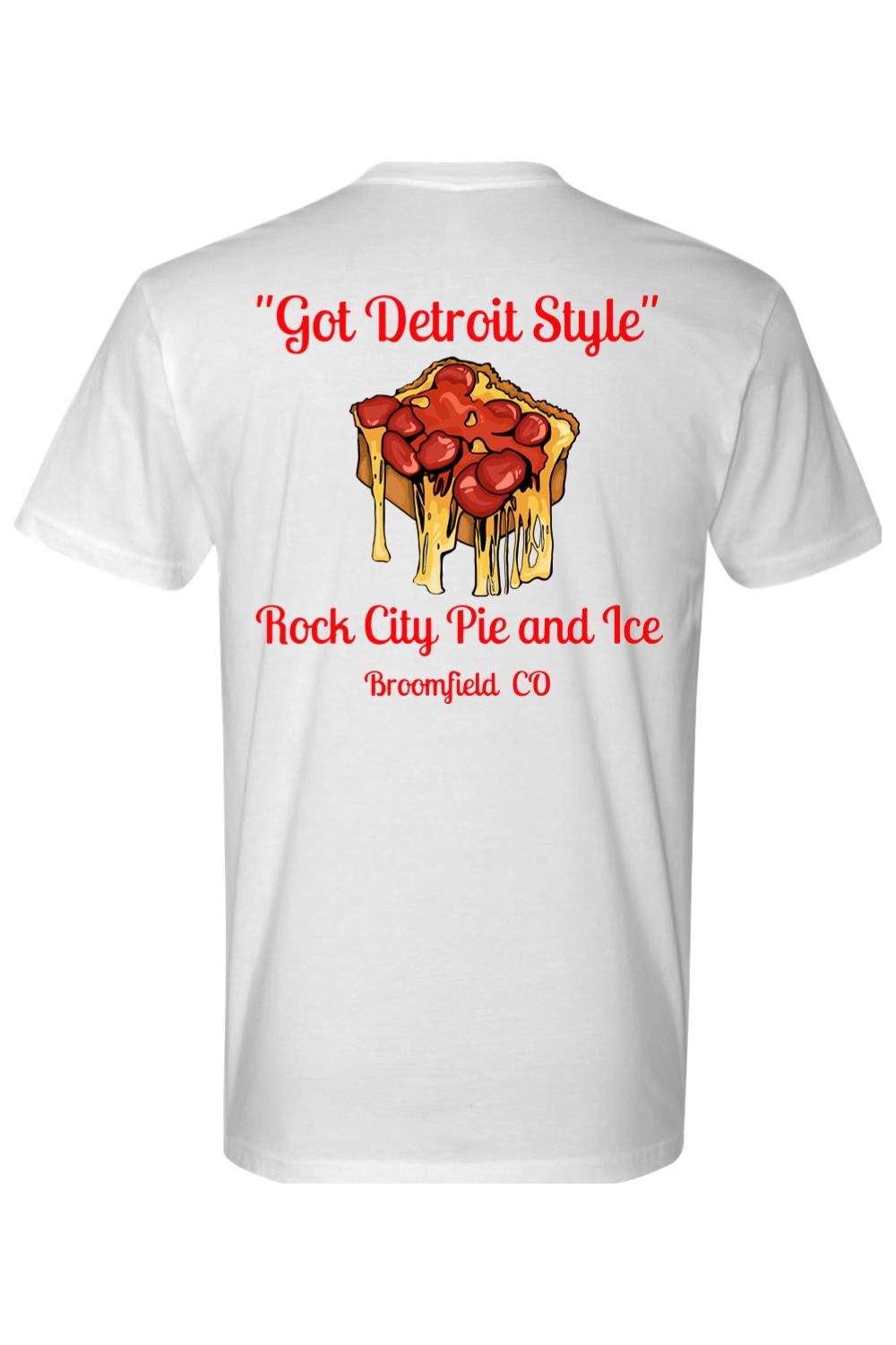 White crew neck cotton tee featuring a Detroit-style pizza graphic with red text on the back.