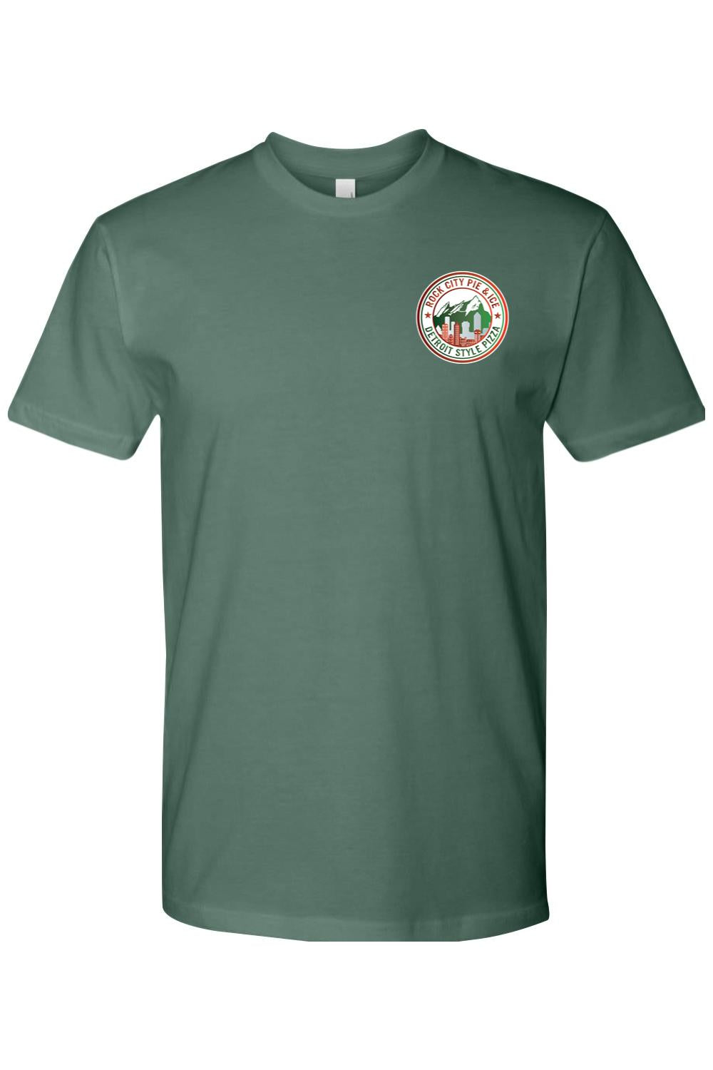 Dark green cotton crew neck t-shirt featuring a circular Rock City Pie & Ice Detroit Style Pizza logo on the chest.
