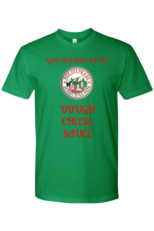 Green cotton crew neck t-shirt featuring a Rock City Pie and Ice Detroit style pizza graphic in red text.