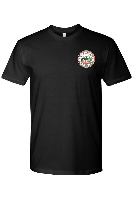 Black cotton crew neck t-shirt featuring a circular Rock City Pie & Ice Detroit Style Pizza logo on the chest.