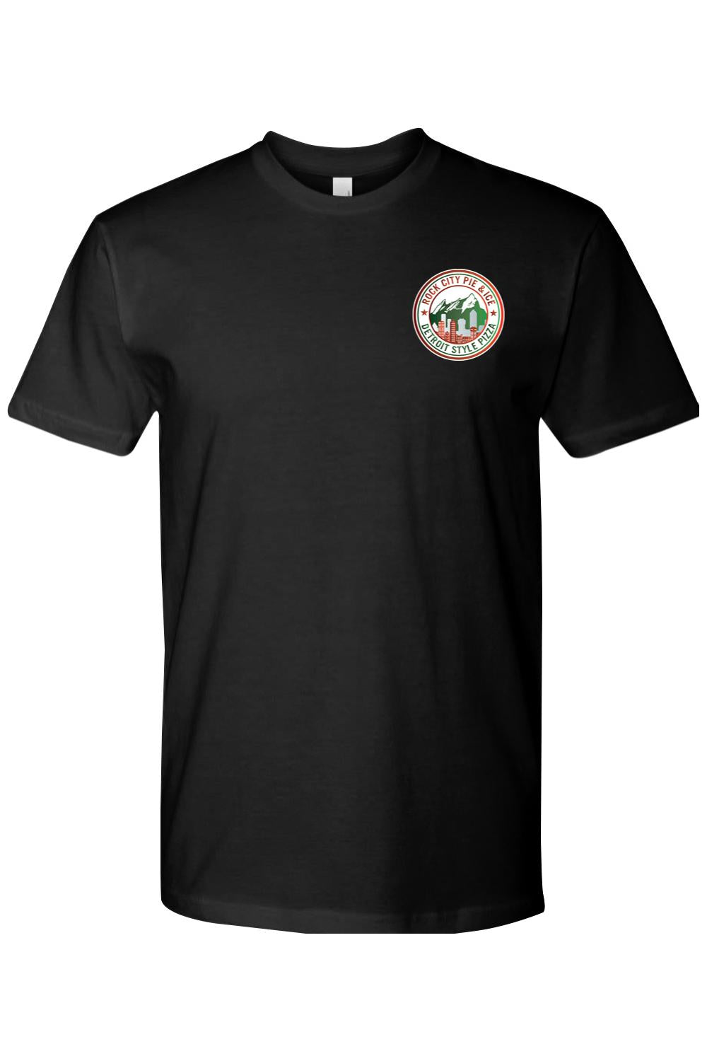 Black crew neck t-shirt in premium cotton featuring a circular Rock City Pie & Ice Detroit Style Pizza chest logo.