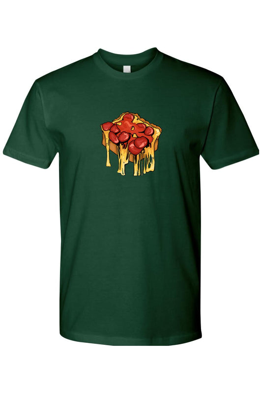 Dark green cotton crewneck t-shirt featuring a graphic of a slice of pepperoni pizza with melting cheese.