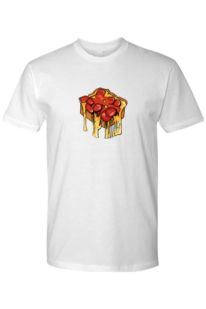 White cotton crew neck t-shirt featuring a graphic of a cheesy pizza slice with pepperoni toppings.