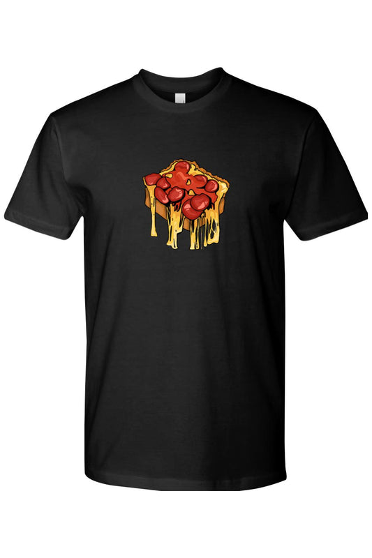 Black cotton crew neck t-shirt featuring a graphic of a cheesy pepperoni pizza slice with melting cheese.