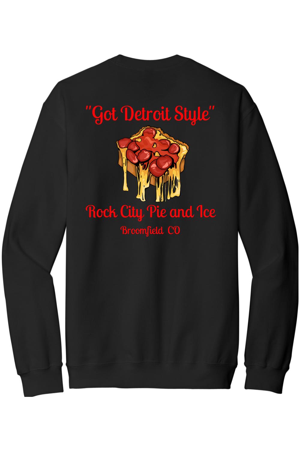 Black crewneck sweatshirt featuring a Got Detroit Style pizza graphic with red text on the back.