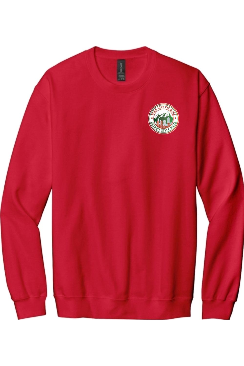 Red crewneck sweatshirt with a circular Rock City Pie & Ice Detroit Style Pizza logo on the left chest.