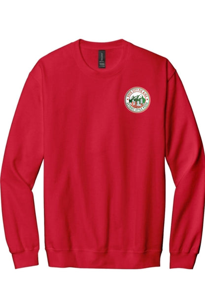 Red crewneck sweatshirt with a circular Rock City Pie & Ice Detroit Style Pizza logo on the left chest.