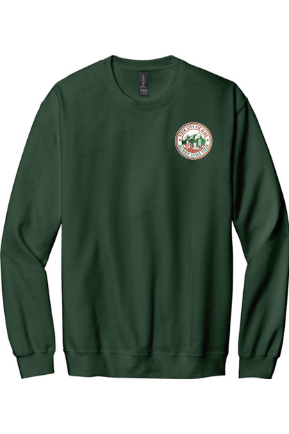 Dark green cotton-blend crewneck sweatshirt featuring a circular Rock City Pie & Ice Detroit Style Pizza chest logo.