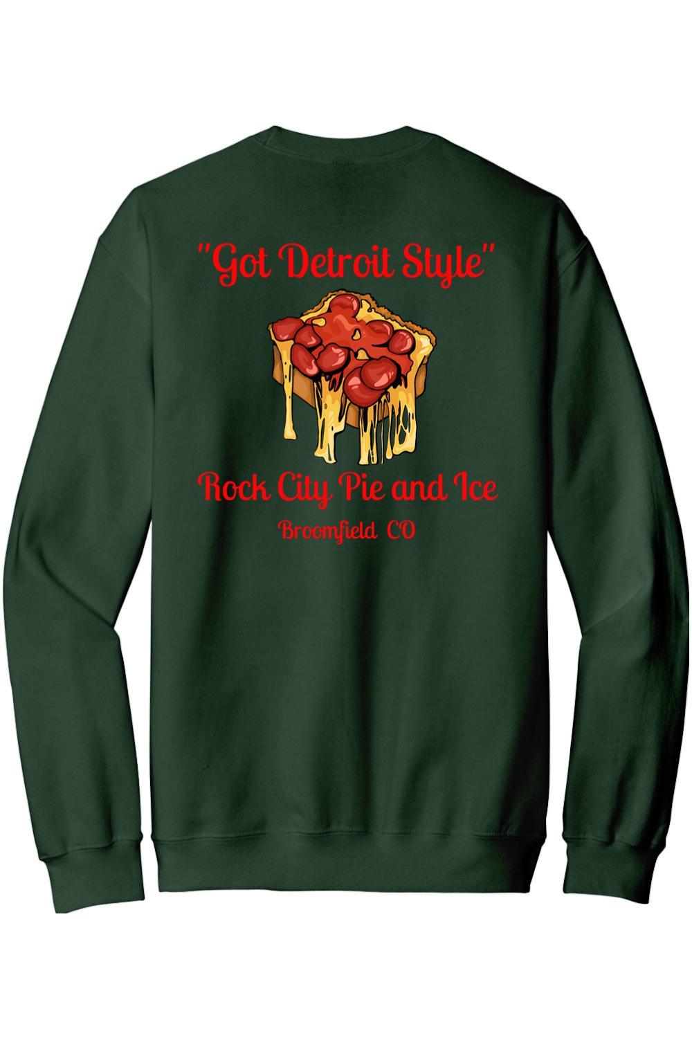 Dark green crewneck sweatshirt featuring a Detroit-style pizza graphic with red text on the back.