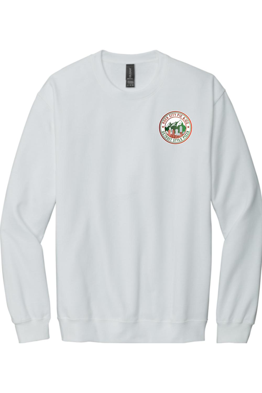 White crewneck sweatshirt featuring a small Rock City Pie & Ice Detroit Style Pizza logo on the left chest.