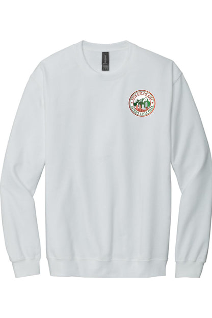 White crewneck sweatshirt featuring a small Rock City Pie & Ice Detroit Style Pizza logo on the left chest.