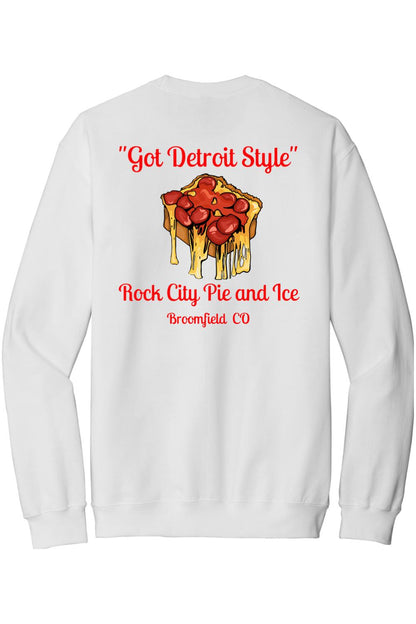 White crewneck sweatshirt featuring a Detroit-style pizza graphic and red text on the back.